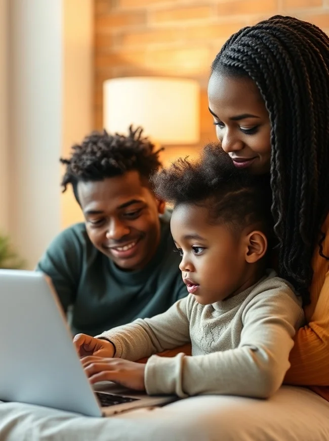 black parents with kid using free ebt laptop