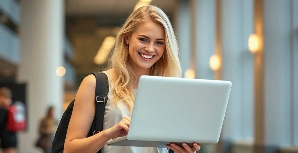 girl women blonde happy free laptop government with ebt
