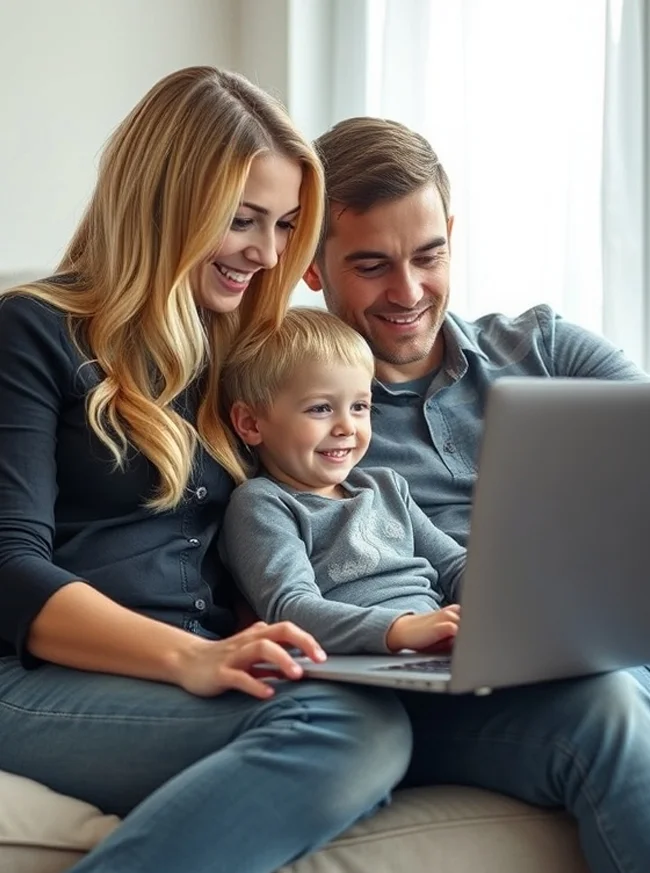 white parents with kid using free ebt laptop