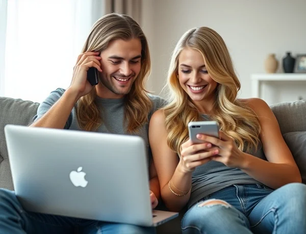 american couple using free laptop and phone